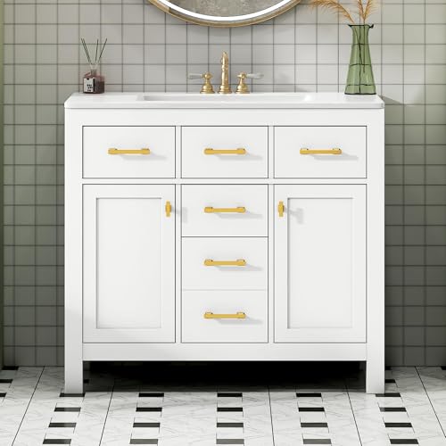 Merax 36 inch Bathroom Vanity with Sink and 4 Drawers, White Bathroom Vanity with Ceramic Sink Combo Set and 2 Storage Cabinets