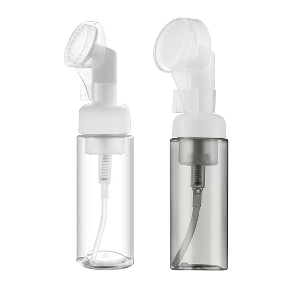 HugeDE 4-Pack 60ml Facial Cleanser Foaming Bottles, Mini Foaming Soap Pump Dispenser with Silicone Head Wash Brush, Transparent Black