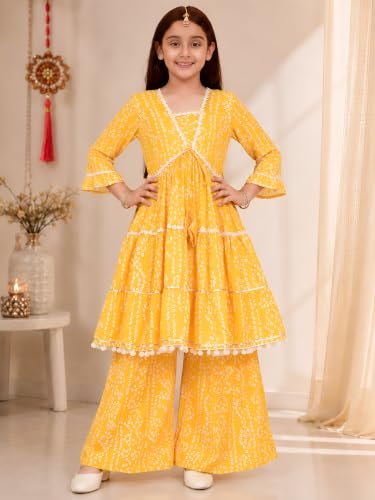 Image of Preneum Girl's Cotton Rayon Bandhani & Lahariya Printed Angrakha Kurta with Sharara & Dupatta