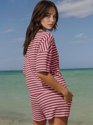 Image of Ythomm Striped Pajamas Shorts Sets Women 2 Piece Lounge Outfits Short Sleeve Tees Drawstring Shorts Summer Matching Pj Sets