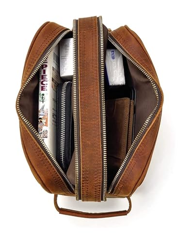 Leather Travel Overnight Toiletry Bag, Cosmetic Organizer, Shaving Bag, Makeup Case, Storage Pouch for Brushes & Jewelry (Brown)4