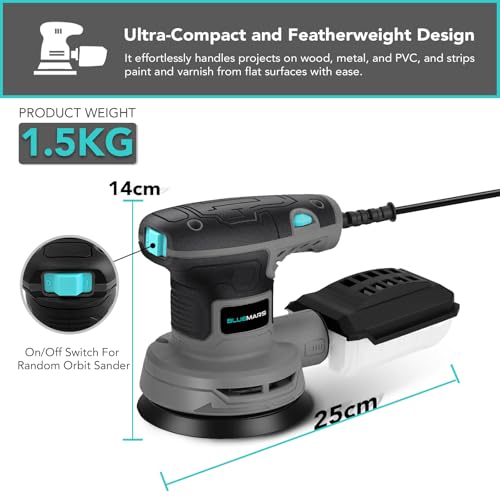 Bluemars 320W Random Orbit Sander,6 Variable Speeds (8000-13000RPM),16Pcs Sandpapers,125mm Sanding Pad, Mini Electric Sander - Image 5
