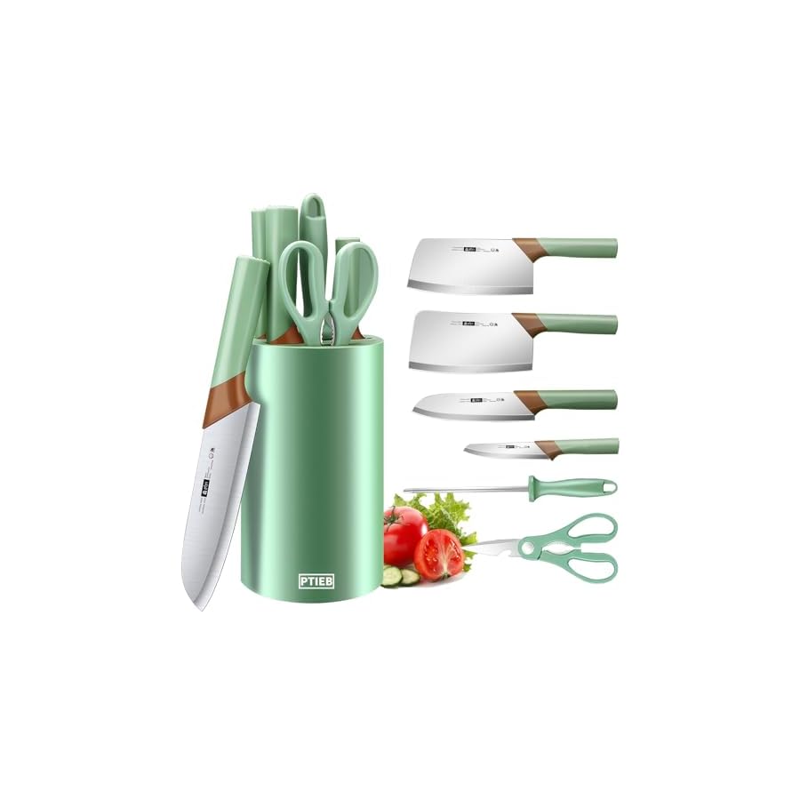 Kitchen-Knife-Set-7-Pcs-Green-Professional-Chef-Knife-Set-with-Block-Non-Stick-Stainless-Steel-Cooking-Knife-Set-with-Sharpener-Scissors-for-Cutting-Slicing-Dicing-Green 7 Pcs Green Professional Chef Knife Set with Block