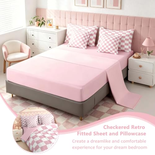 Image of Feelyou Checkered 7 Piece Bedding Set Teen Women Men Pink Plaid Comforter Set with Sheets Queen Size Kids Boys Cute Retro Neutral Checkerboard Geometric Bed in a Bag Vintage Aesthetic Room Decor