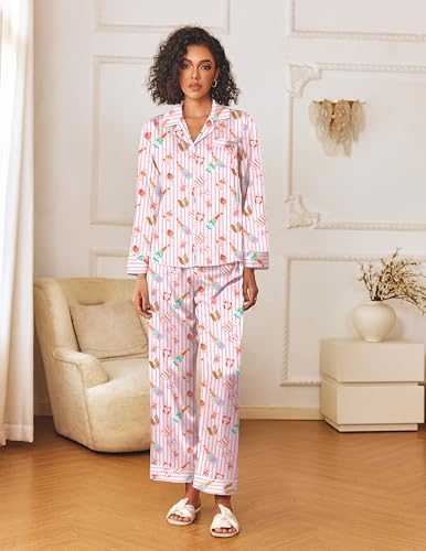 Image of Ekouaer Womens Silk Satin Pajama Sets 2 Piece Sleepwear Pjs Set Long Sleeve Button Down Top and Pants Stripe Loungewear S-XXL