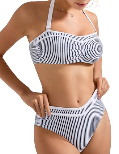 SUUKSESS Women Sexy High Waited Bandeau Bikini Sets Halter High Cut Two Piece Swimsuit Colorblock Push Up Bathing Suit(Navy Blue Black,L - Image 5