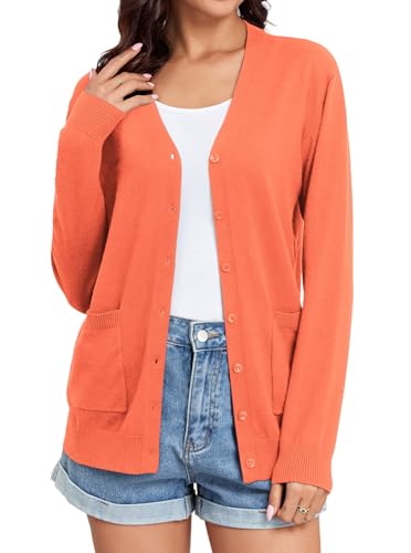 Image of Women's Lightweight Button Down Cardigan Sweaters Long Sleeve Classic V Neck Knit Soft Shrugs with Pocket