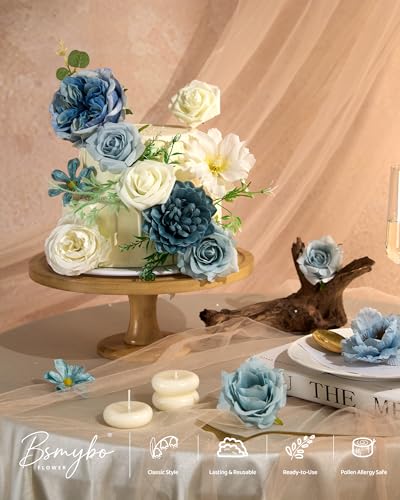BSMYBO Artificial Blue Flowers Combo Box Set Baby Blue Rose Flowers Bulk Mix Dusty Blue Dahila Peonies Fake Silk Light Blue Flower Bouquets for Wedding Bridal Shower Table Centerpieces Home Decor - Image 5