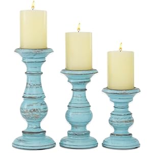 Deco 79 Mango Wood Decorative Candle Holder Distressed Turned Pillar Candle Stand, Set of 3 Candlestick Holder 6″, 8″, 10″H, Light Blue