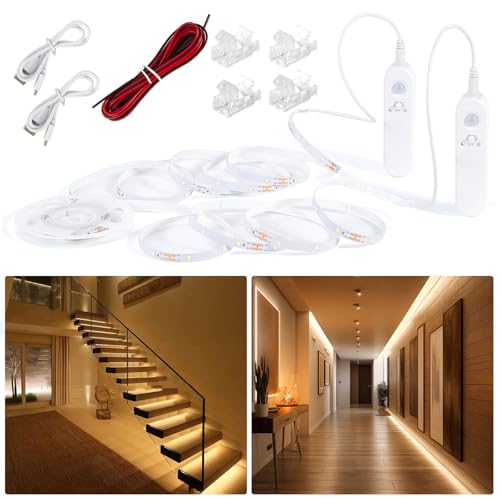 Hoobabuy Ruban LED avec Détecteur Mouvement et Capteur Lumière, Batterie Rechargeable, D'éclairage à Intensité Variable sous Armoire Pour Escaliers, Cuisine, 5M, Blanc Chaud 2700K