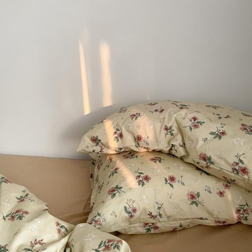 Image of MKXI Yellowish Beige & Red Floral Duvet Cover Set Twin Size - 3 Piece Vintage Country Bedding Set with Floral & Green Leaf Patterns, 100% Cotton Soft Aesthetic Duvet Cover with Ties & Pillowcases