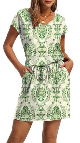 Image of OFEEFAN Summer Dresses for Women 2026 V Neck T Shirt Casual Mini Dresses Tie Waist Sundresses with Pockets