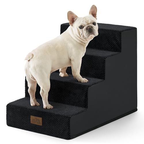 COZY KISS Hundetreppe für Kleine Hunde, 4 Stufen Haustiertreppe für Bett Couch Auto, 45cm Hoch Hochdichtem Schaumstoff Katzentreppe mit Abnehmbarem Bezug (Schwarz, 60x45x45cm, 4)