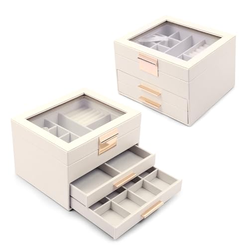 Image of BucketList Luxury PU Leather Jewellery Organizer Box with Glass Top | Multi-Drawer Jewelry Storage Case with Ring Slots & Compartments | Elegant Lockable (2 Drawers Jewellery Box (White))