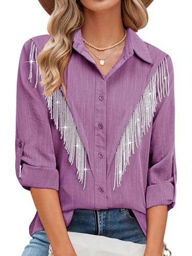Image of MYMORE Womens Sparkly Fringe Shirt Western Cowgirl Country Concert Outfit