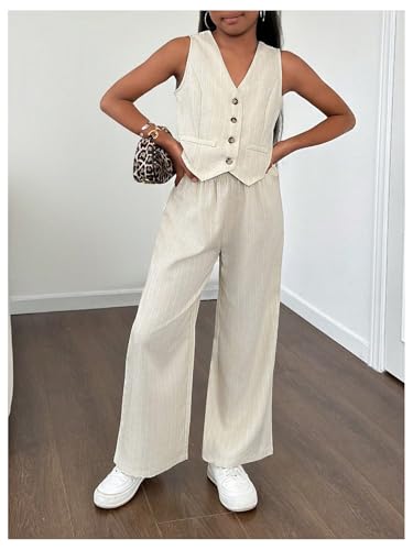 Image of Floerns Girl's 2 Piece Outfit Sleeveless V Neck Blazer Vest and Wide Leg Pants Set