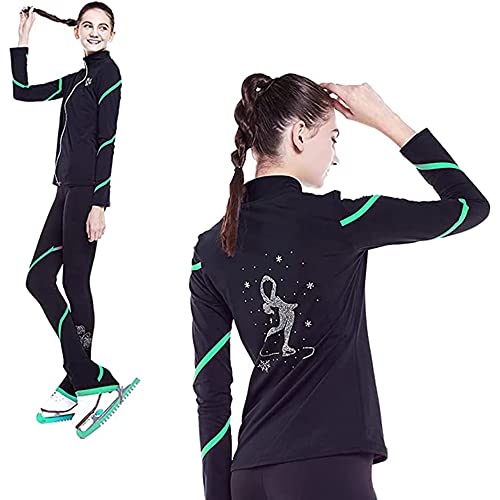Calças de lã para meninas patinação artística espiral calça preta para mulheres, Verde, 12-14 Years