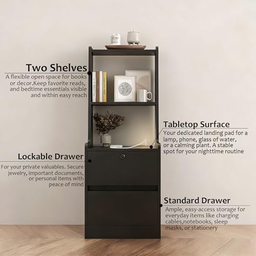 BAYYELL 41'' Tall Nightstand with Charging Station, Locking Drawer and Bookshelf, Bedside Table, Night Stand, 1 Piece, Black by BAYYELL - Image 4