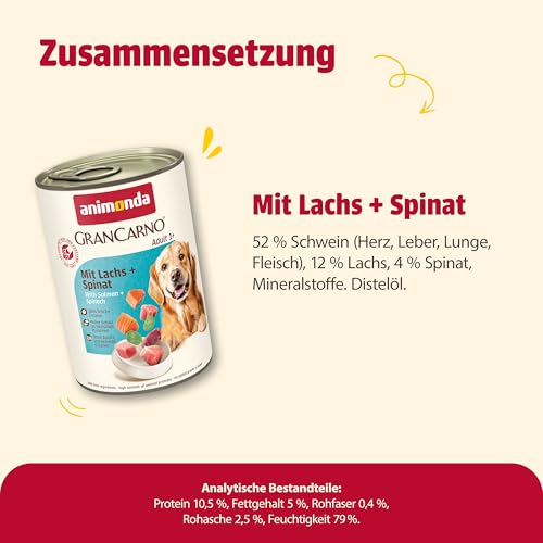 animonda GranCarno Hunde Nassfutter mit Lachs + Spinat (6 x 400 g), getreidefreies Hundenassfutter ohne Zucker, für ausgewachsene Hunde, mit frischen fleischigen Zutaten