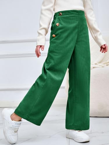 Image of Haloumoning Girls Wide Leg Corduroy Pants Kids Elastic Waist Gold Button Trousers with Pockets 5-14 Years