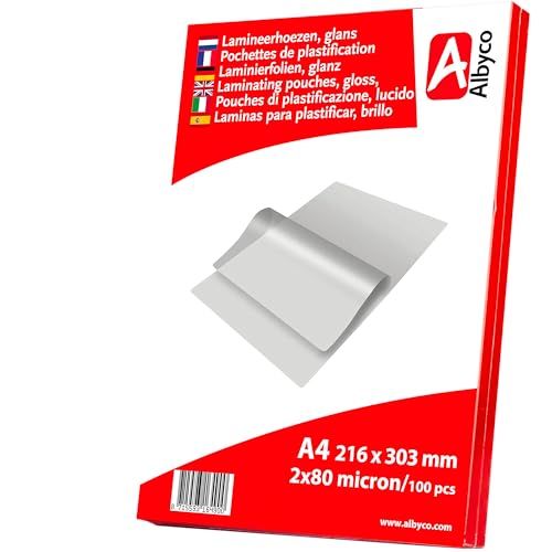 Albyco - Foglio di Laminazione A4 – 100 Pezzi, Spessore 2x80 (160) Microns, 216x303mm - Foglio Plastificante - Pouches di plastificazione - Fogli plastificatrice - Lucido - Qualità Premium