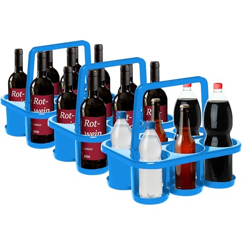Novaliv 3 soportes para botellas para 18 botellas, agarre estable, cesta de plástico, apilable, 32 x 23 x 28 cm, color azul, ideal para cocina y sótano, portabebidas, caja para botellas