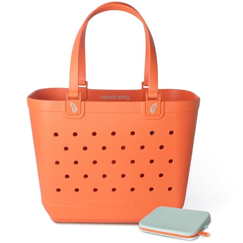 Velvet Wing Large Rubber Beach Tote Bag – Waterproof Rubber Tote Bag with Holes for Sand-Free Beach Days, Pool & Travel & Groceries - Includes Silicone Pouch, Non Twist Handles (Sunset Blvd)