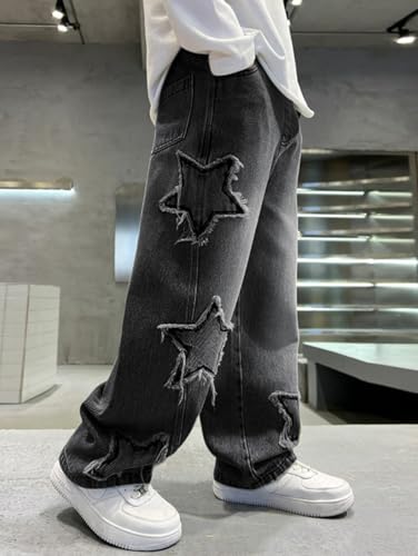 Kids Boys Baggy Cotton Jeans Casual Elastic Waist Straight Leg Denim Cargo Pants with Pockets 6-14 Years2