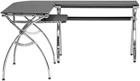 Techni Mobili L-Shaped Colored Tempered Glass Top Corner Desk With Pull Out Keyboard Tray, 61.25" W X 55" D X 30" H, Black