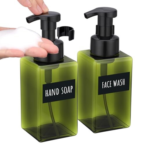 Image of Segbeauty 15.2oz Refillable Green Foaming Soap Dispenser for Bathroom with Labels, 2pcs Empty Foam Pump Bottle for Shampoo Face Wash Container, 450ml Plastic Square Liquid Hand Soap Dispensers Kitchen
