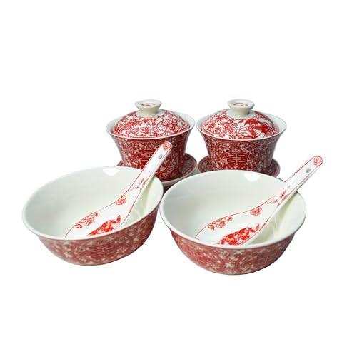Image of Liang baobao Chinese Wedding Tea Gift Set Gaiwan Bowl Spoon Porcelain Tableware Double Happiness for Men Women Couple Wedding Party (6 /Set Paper-cut double happiness)