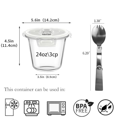 Image of H.JSS WDJS 3 Cup Round Glass Meal Prep Containers with Lids,24oz Glass Food Storage Containers with Spoons, Heat-Resistant BPA-Free for Soup, Leftover, Oven, Dishwasher, Fridge, Freezer Safe (2 Pack)