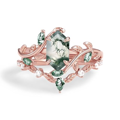 1-3 Carat Natural Moss Agate Engagement Rings Sets, S925 10K 14K 18K Gold Genuine Green Moss Agate Wedding Ring Set Vintage Bridal Bands Sets2