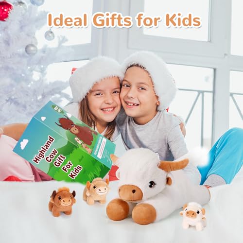 Image of 4 Pieces Highland Cow Stuffed Animals - 1 Mommy Stuffed Highland Cow with 3 Babies - White Cow Gifts for Girls Age 3-8, Cows Plush Toys for Christmas, Valentine's, Birthday Gifts (White)