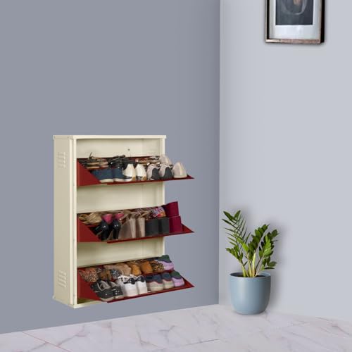 Image of DELITE KOM 29 inch Wide, 6 Shelf Metal Shoe Rack Wall Mounted for Home with Central Lock Holds Upto 24 Shoes or 36 Slippers Pair Double Decker, 1Yr Warranty, (41x29x8, Ivory Brick Red), DIY, Space Saver
