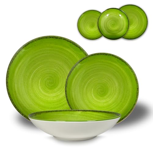 ARCA, Set 18 Piatti Coordinati Pepper in Porcellana Decorata, Servizio per 6 Persone, con Piatti Fondi, Piani e da Dessert, Moderni e Colorati, Lavabili in Lavastoviglie, Colore Verde