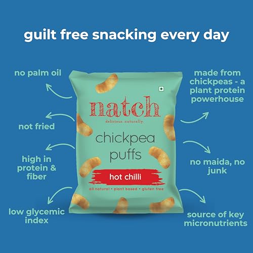 Image of Natch Chickpea Protein Puffs, Healthy Snacks, Rich in Fiber, Not Fried Not Baked Gluten Free, Vegan, Trans Fat Free, Hot Chilli, 20g each (Pack of 6)