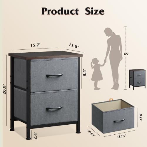 WLIVE Nightstand, 2 Drawer Dresser for Bedroom, Small Dresser with 2 Drawers, Bedside Furniture, Night Stand, End Table with Fabric Bins for Bedroom, Closet, Entryway, College Dorm, Dark Grey