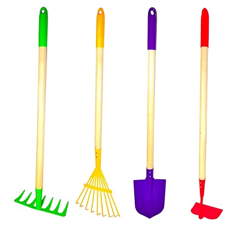 JustForKids Kids Garden Tool Set Toy, Rake, Spade, Hoe and Leaf Rake, reduced size , made of sturdy steel heads and real wood handle, 4-Piece, Multicolored, 5yr+ by G & F Products - Used condition - US$17.64