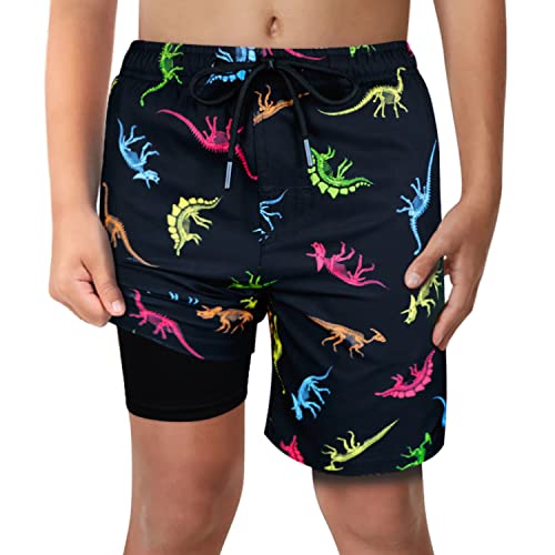 Image of Boys Swim Trunks with Boxer Brief Liner Compression Anti Chafe Swimming Shorts Stretchy UPF Quick Dry Swimsuit