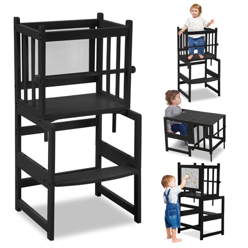 Image of COSYLAND 3-in-1 Multifunctional Toddler Standing Tower, Kids Kitchen Step Stool with Whiteboard, Desk Table and Chair, Enjoys Unique Patented Design,CPC,SOR,CE, Black