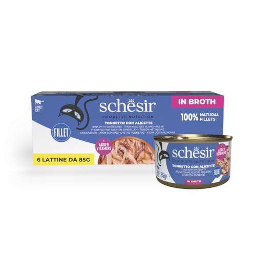 Schesir, Ton avec Alicette en Bouillon, Nourriture Humide complète pour Chats, en boîte, avec vitamines ajoutées, 100% Naturel, 6 x 85 g