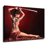 Posters Japanese Geisha Woman Wall Art Samurai Tattoo Poster Sexy Asian Girl Wall Art Poster Canvas Print Wall Art Paintings Canvas Wall Decor Home Decor Living Room (Red,16×24inch Unframed)