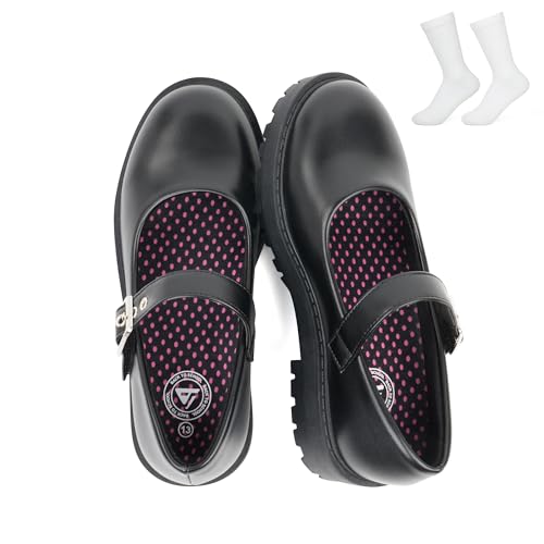 JABASIC Girls Mary Jane School Shoes with Socks Set Black Uniform Shoes Hook Loop Shoes for Kids (9 Black)