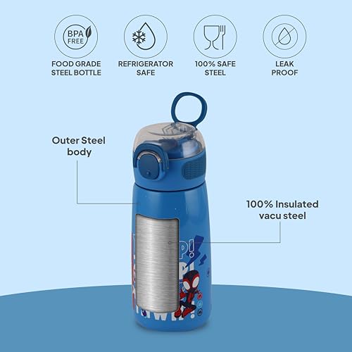 Image of Cello Kidzbee Flare 450 Insulated Stainless Steel Sipper Water Bottle 444 ml, Blue | Web Warriors Cartoon Design Hot & Cold Bottle | Vacuum Insulated Leakproof Easy to Carry Water Bottle for Kids