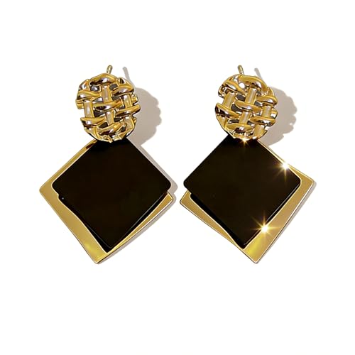 Women’s Black and Gold Trendy Geometric Square Dangle Earrings – Fashionable Alloy Earrings for Parties, Dates, Daily Commutes & Casual Vacations