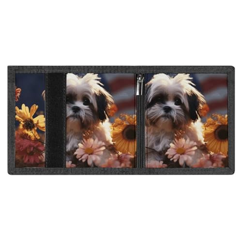 Shih Tzu Dog And Flowers Trifold Wallet Coin Purse With 8 Card Slots Credit Card Holder Divided Billfold Wallet4