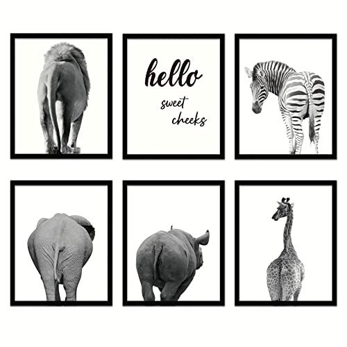 XBYGIMI Funny Bathroom Wall Decor – Set of 6 Cute Animal Wall Art for Bathroom – Safari Animal Bum Bathroom Pictures for Wall – Giraffe, Zebra, Elephant Decor Prints for Nursery, Modern Wall Decor - （8x10inch, Unframed)
