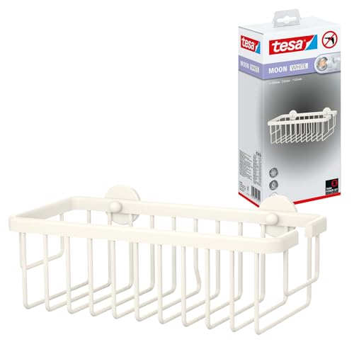 tesa MOON WHITE Duschablage zur Wandmontage ohne Bohren, weiß matt - einstöckig und extra tief - für Bäder im Industrial Style und moderne Badezimmer - mit Klebelösung - 250 mm x 92 mm x 125 mm