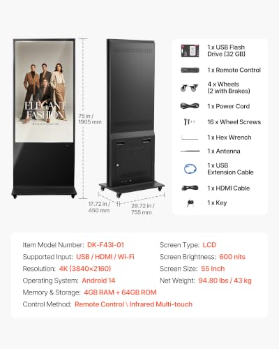 Image of VEVOR 55 in Indoor Digital Signage 4K Floor Stand Advertising Display Kiosk, WiFi HDMI /USB Input Android OS, 178 Wide View, LCD Touchscreen Interactive Monitor, Mobile Commercial Totem Poster
